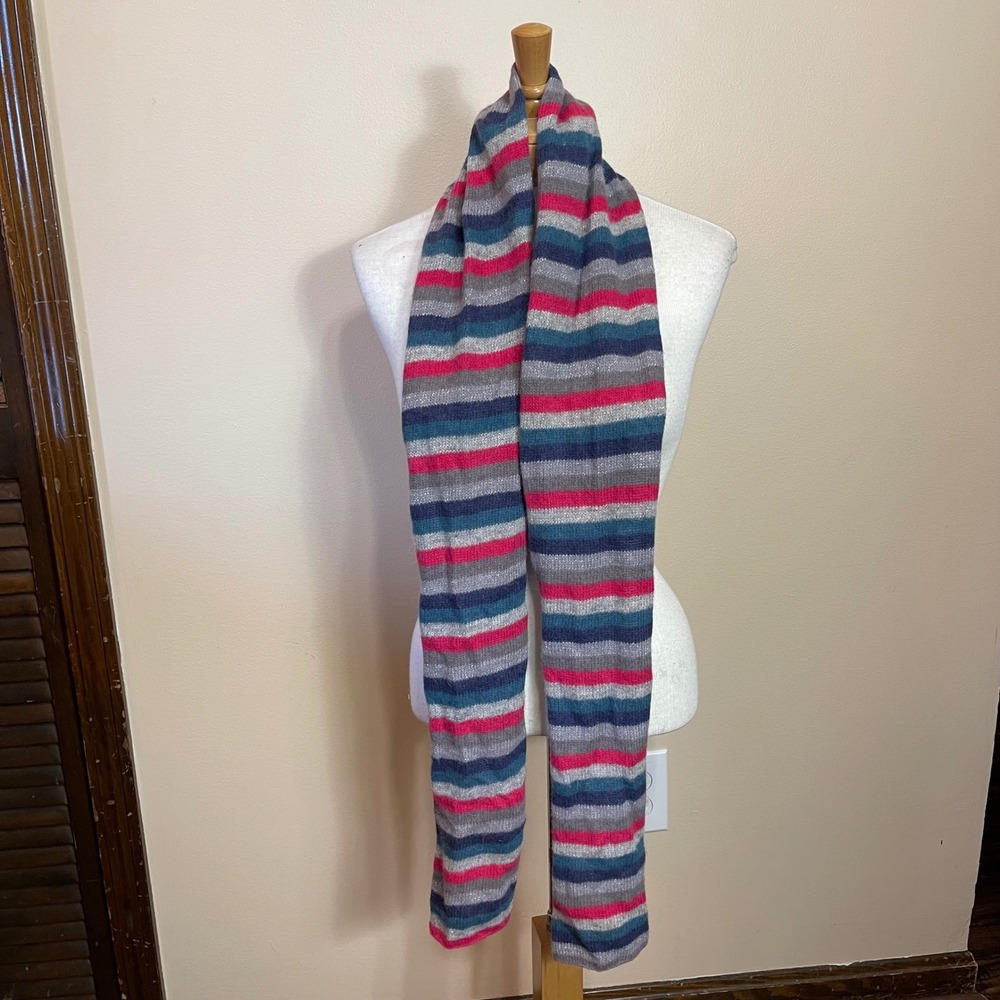 T.Unique Wool Angora Blend Striped Knit Scarf Pink Teal Grey Metallic Sparkle